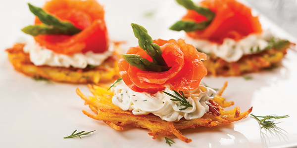 Potato pancakes topped with smoked salmon,asparagus and sour cre